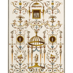An intricate neoclassical design featuring symmetrical scrollwork, floral motifs, and decorative garlands in muted tones of gold, blue, and red on a cream background. The pattern includes framed cameo-style medallions with classical figures, ornate urns, and a central domed structure supported by slender columns. Additional details include small lions, cherubs, and mythological scenes along the borders