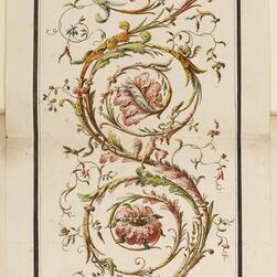 A long, narrow decorative panel featuring an intricate Rococo-style design with scrolling foliage, flowers, and medallions in green, pink, gold, and red tones on a cream background, framed by a thin black border.