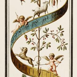 A long, narrow decorative panel featuring an ornate Rococo-style design with swirling foliage and flowers in soft pink, green, gold, and blue tones. Four cherubs are integrated into the scrollwork, each surrounded by delicate floral motifs, all set against a cream background and framed by a thin black border.