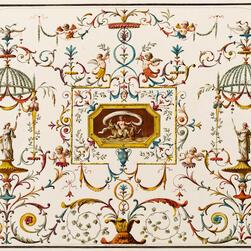 An intricate neoclassical design featuring symmetrical scrollwork, floral motifs, and decorative garlands in muted tones of gold, blue, and red on a cream background. The pattern includes framed cameo-style medallions with classical figures, ornate urns, and a domed structures