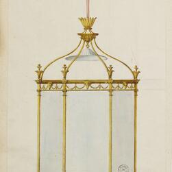 Detailed design drawing of a large hanging lantern with an elaborate neoclassical frame. The lantern features gold columns, decorative garlands, and a central urn-shaped element suspended inside. The upper section includes ornate finials and chains, while the bottom of the page shows a geometric plan view of the lantern’s octagonal base.