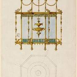 Architectural design drawing of a lantern intended for a hall. The lantern has a tall, rectangular frame with a domed top and decorative finials. The structure is rendered in gold tones with delicate ornamental details along the upper edge. A candle fixture is shown inside, and handwritten notes appear at the top and bottom of the page