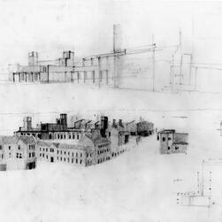 A hand-drawn drawing of buildings