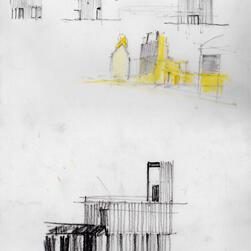 A hand-drawn drawing of buildings