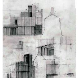 A hand-drawn drawing of buildings