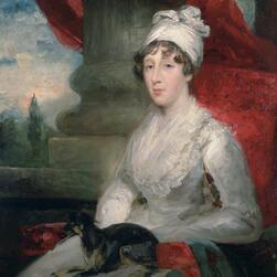 A portrait of Eliza Soane. She wears a white dress with a wrap around her hair.