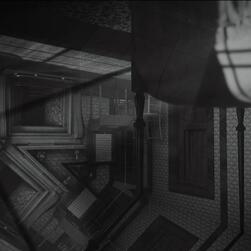 Eliza's bedchamber fractures as a consequence of her death, with monochrome elements of the room inverting on themselves and flipping upside down.