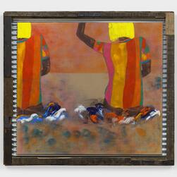 Alvaro Barrington Bathers/ Splash, Miami, 2022, 2022 oil and acrylic on burlap in corrugated steel and reclaimed wood frame