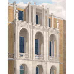 A drawing of the facade of Sir John Soane's Museum. The front of the building is white stone with 6 arched windows prominent. On either side, white stone sculptures of women - known as Caryatids - stand.