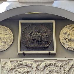 High up on the north wall of the Dome area at Sir John Soane's Museum, a cast of a roundel from the Arch of Constantine, showing Hadrian with his travelling party.