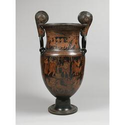 A vase decorated with orange figures upon a dark background, displaying images of chariot racers and a hero making a sacrifice