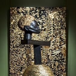 The Foyle Space at the Musuem, home to three of Lina Iris Viktor's extraordinary black-gold 'Constellations' series, and a new sculpture in wood and gilded rope.