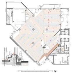 A diagram showing the networks of pipes and heating conduits beneath and around the Great Hall of the Marshall Building.