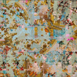 An abstract artwork featuring a collage of fragmented architectural drawings, classical figures, and ornate golden details scattered across a muted green background.