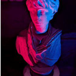 Bust of Polydukes, dramatically lit by blue and pink lights.