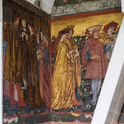 A medieval-inspired mural of a bucolic courtly scene, on a wall at Red House.