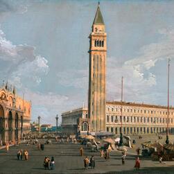 A classical painting depicting St. Mark’s Square in Venice, Italy. The scene shows the tall Campanile bell tower at the center, surrounded by historic buildings including the ornate façade of St. Mark’s Basilica on the left. The square is populated with small groups of people in period clothing, market stalls, and carriages, under a bright sky with scattered clouds.