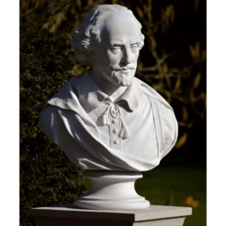 A white stone bust of a man, depicting William Shakespeare
