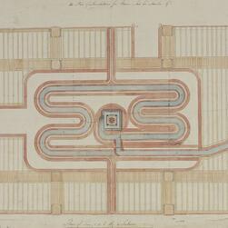 A diagram showing the network of hypocaust pipes beneath the floor of the Bank of England stock office.