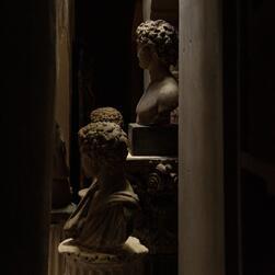 Busts on columns stand beneath dappled light.