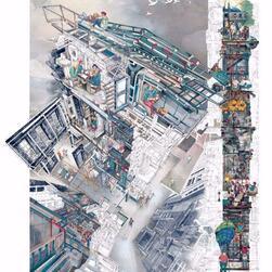 Memento Mori: A Peckham Hospice Care Home by architecture student Jerome Xin Hao Ng, winner of the Architecture Drawing Prize. The drawing is an extreme shot looking down into and through a highly detailed model of a building, with some parts in cross section.