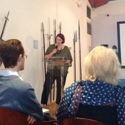 Photograph showing Frances Sands delivering a paper at a conference in Split