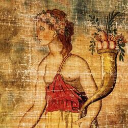 The figure of Peace, carrying an abundant cornucopia, as illustrated on one of the restored transparencies.