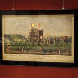 A depiction of a famous royal fireworks display in Green Park, based around an elaborate temporary 'temple'.