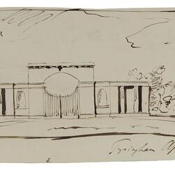 A rough drawing by Soane showing a building in a landscape